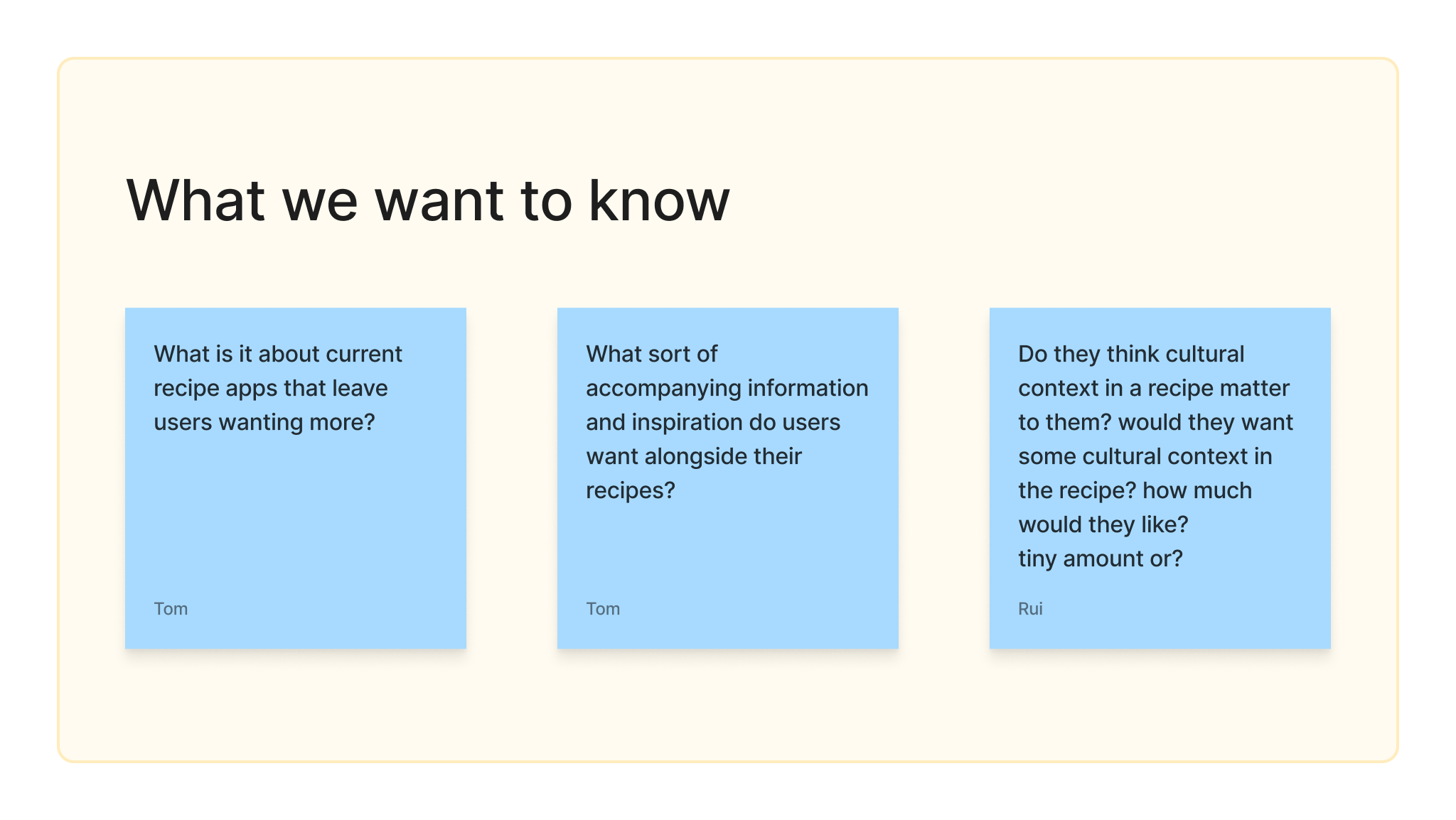 Outlining the core questions the team wanted answered from interviews